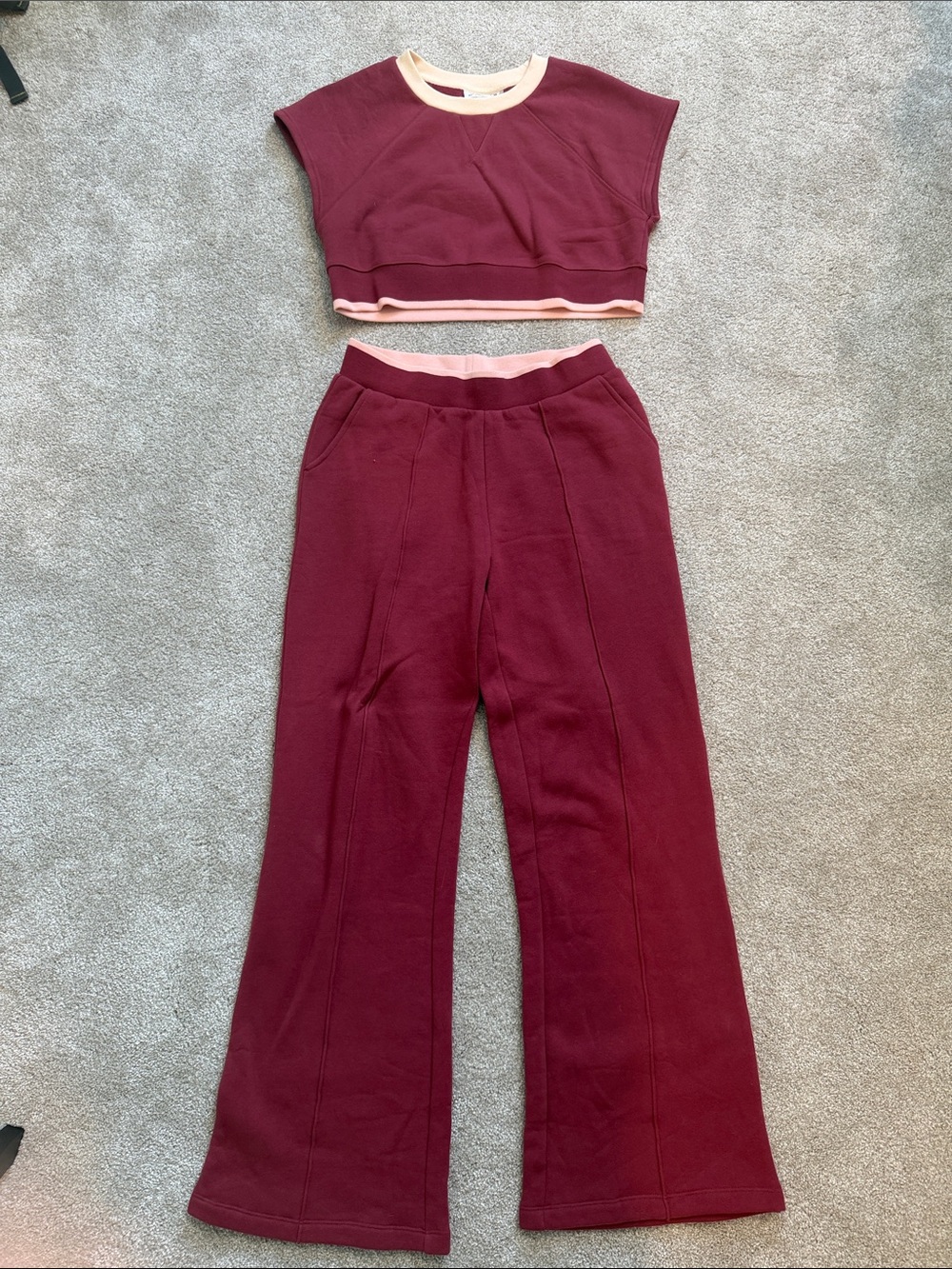 The Upside Maroon Wide-Leg High-Waist Pants with Pink Contrast Waistband